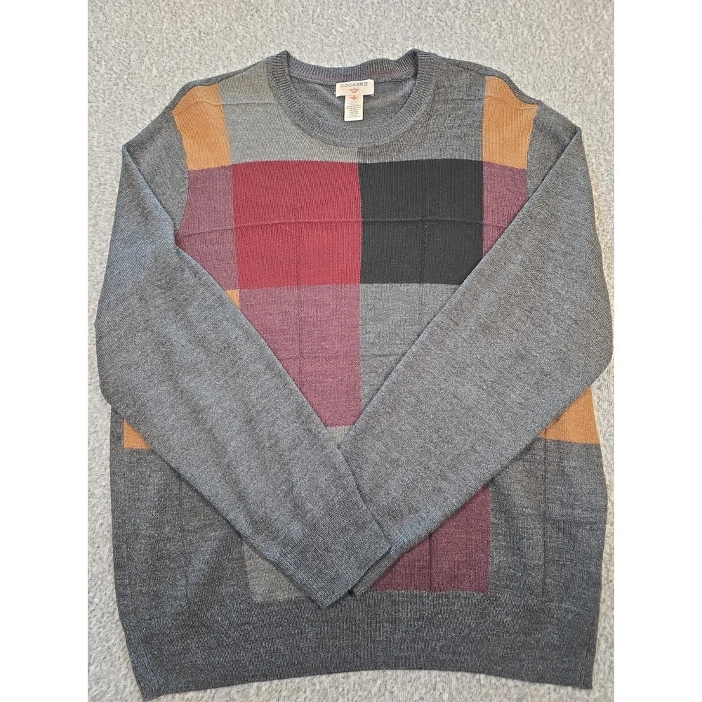 Dockers Sweater Mens Large Multi-Color Plaid Long Sleeve Crew Neck Pullover